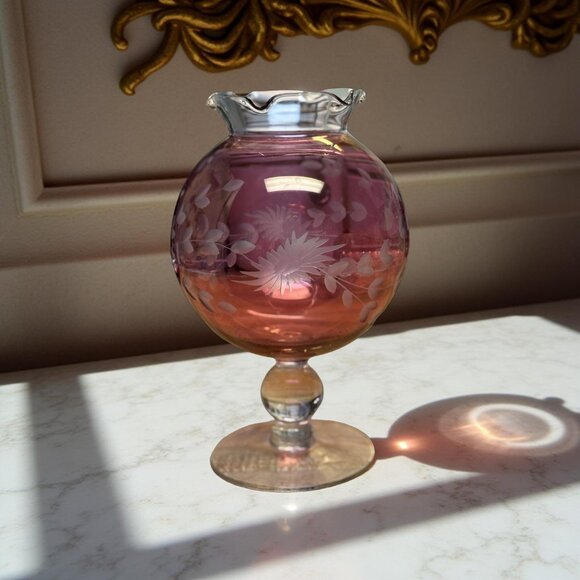 Unmarked – Likely Bohemian Other - Hand Cut Cranberry Overlay Vase Deep Floral Design, Bohemian Style 8 inch Tall